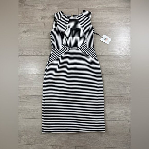 Calvin Klein Striped Navy and White Sleeveless Midi Career Office Dress - Picture 2 of 11